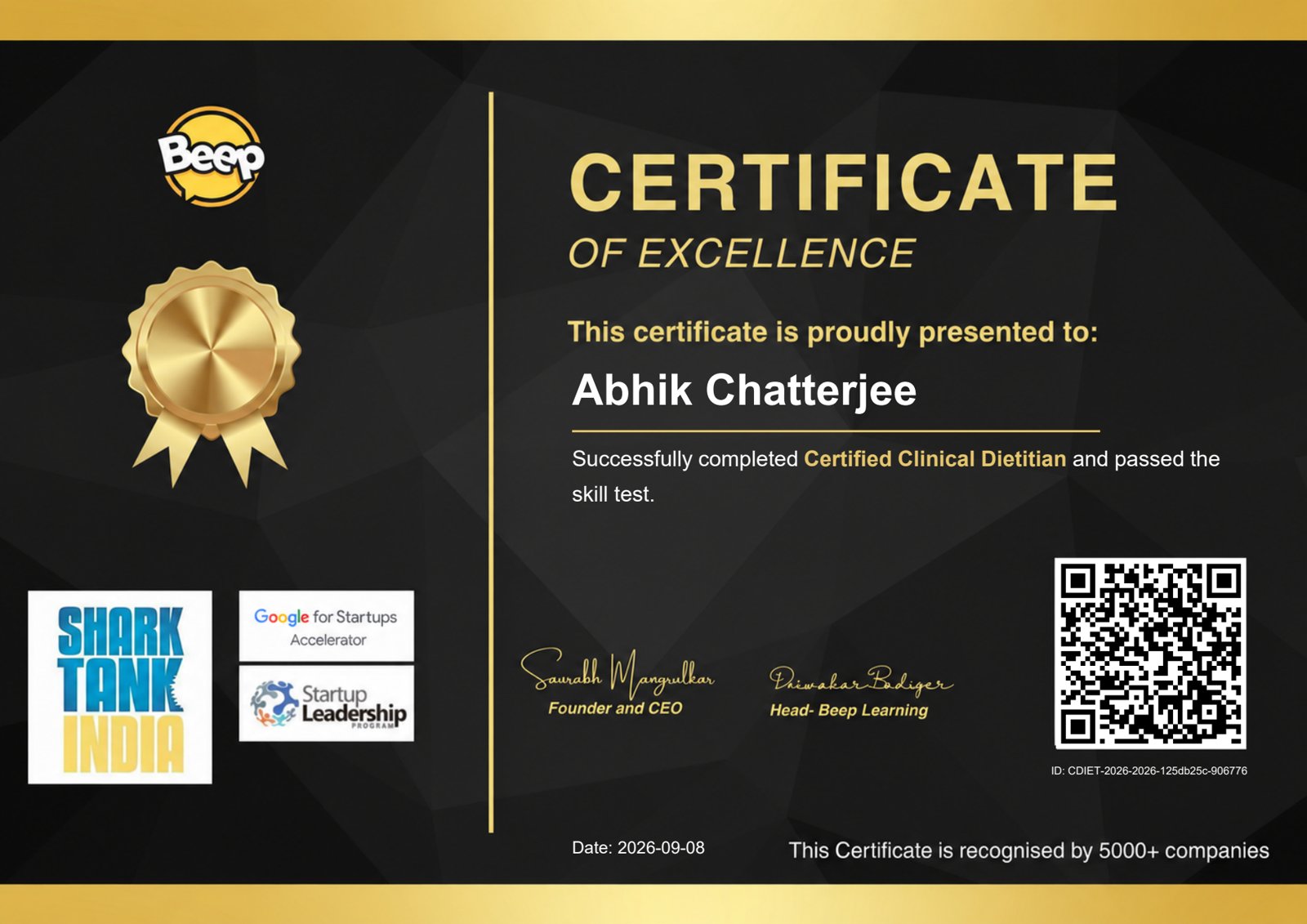 Certified Clinical Dietitian certificate awarded to Abhik Chatterjee