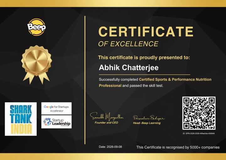 Certified Sports and Performance Nutrition Professional certificate awarded to Abhik Chatterjee