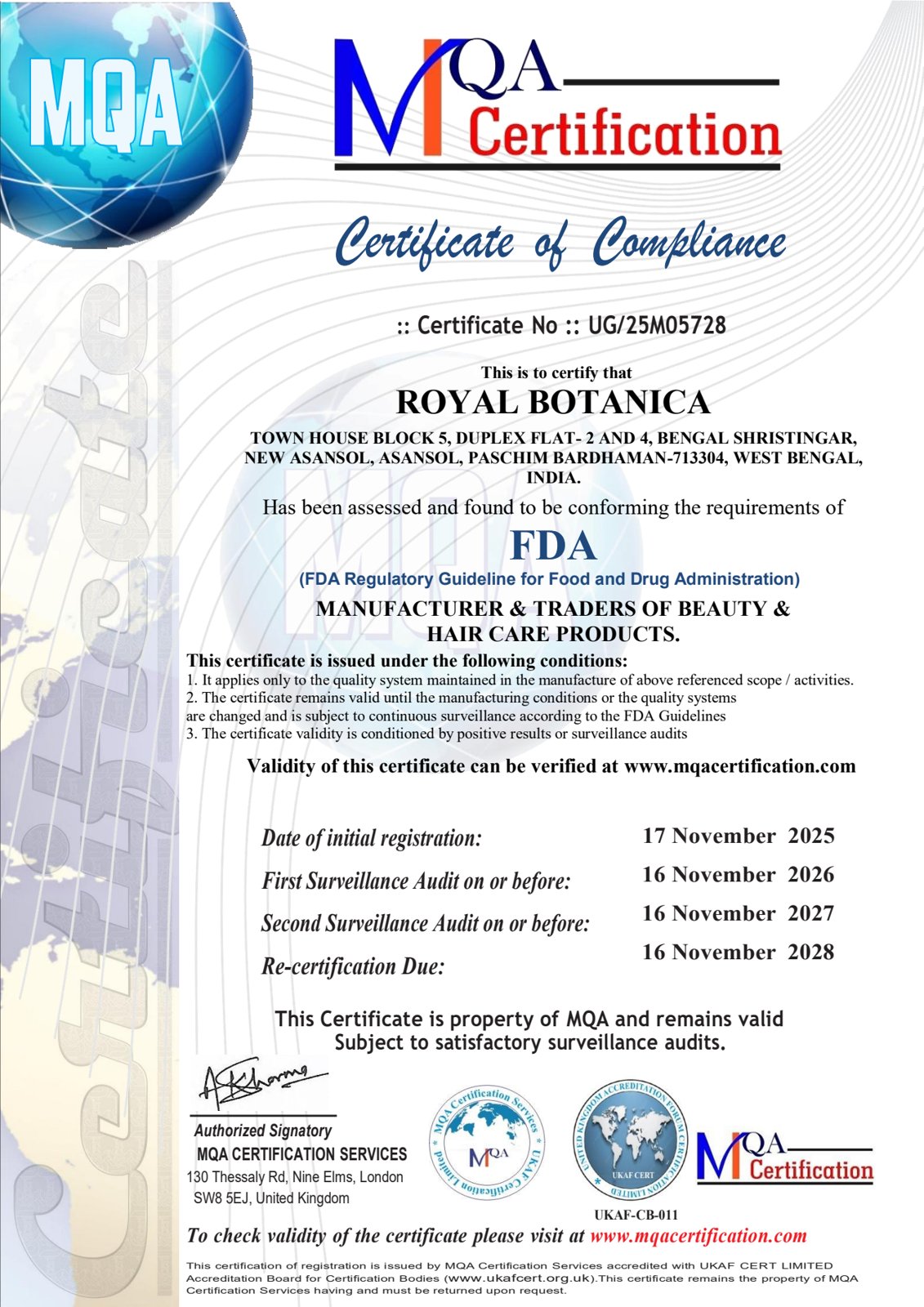 FDA certificate of compliance for Royal Botanica
