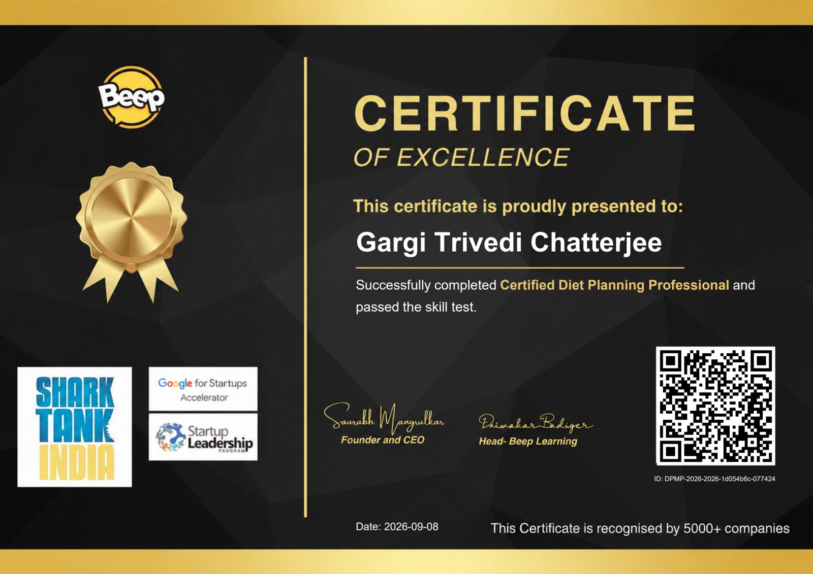 Certified Diet Planning Professional certificate awarded to Gargi Trivedi Chatterjee