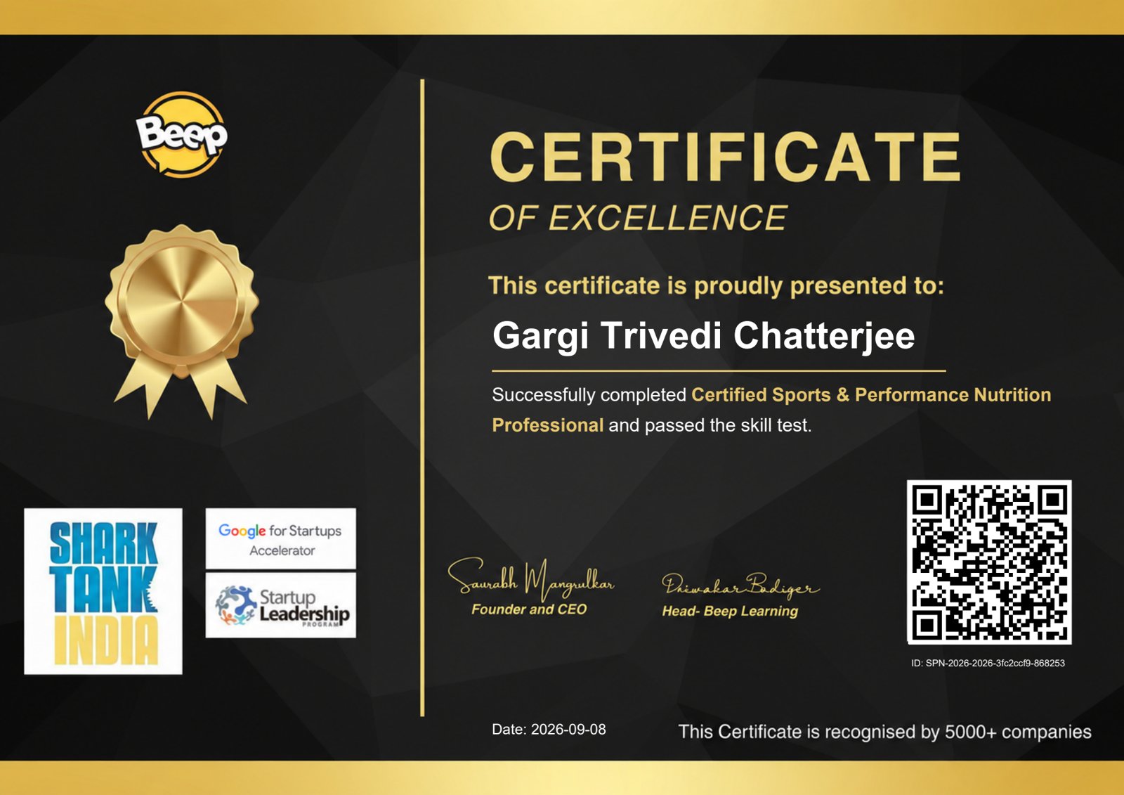 Certified Sports and Performance Nutrition Professional certificate awarded to Gargi Trivedi Chatterjee