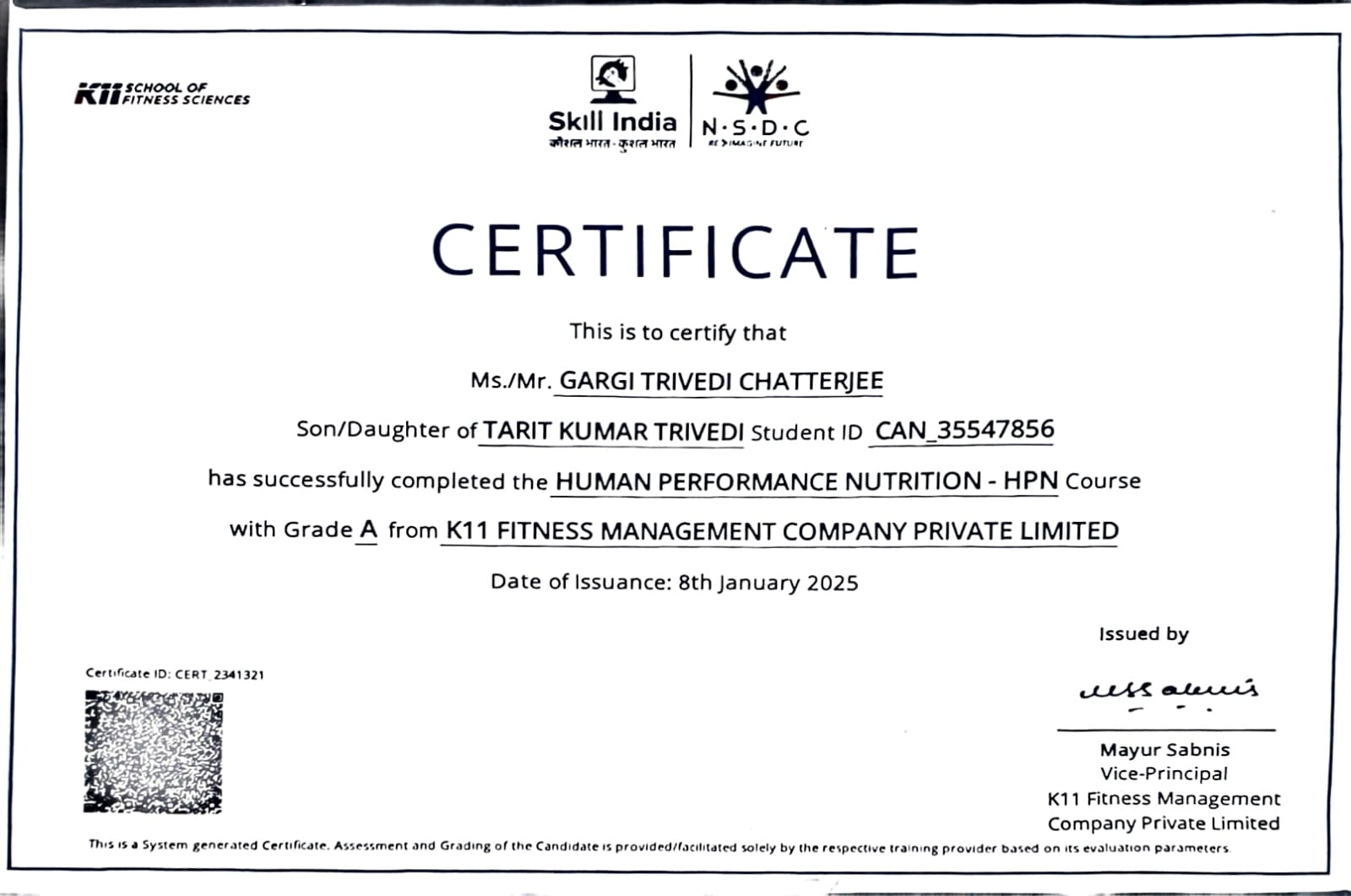 Certified Sports and Performance Nutrition Professional certificate awarded to Gargi Trivedi Chatterjee