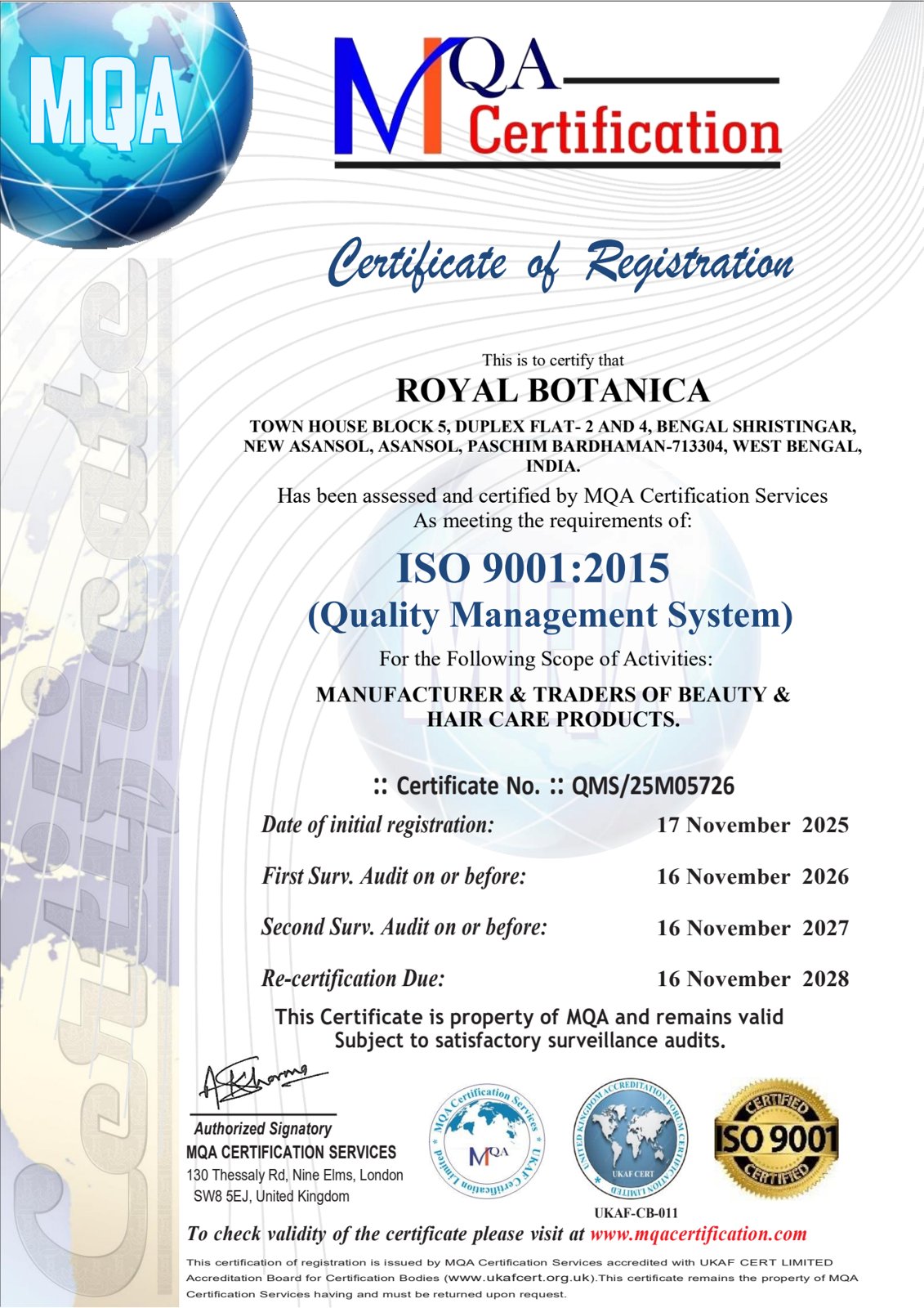 ISO 9001:2015 certificate of registration for Royal Botanica