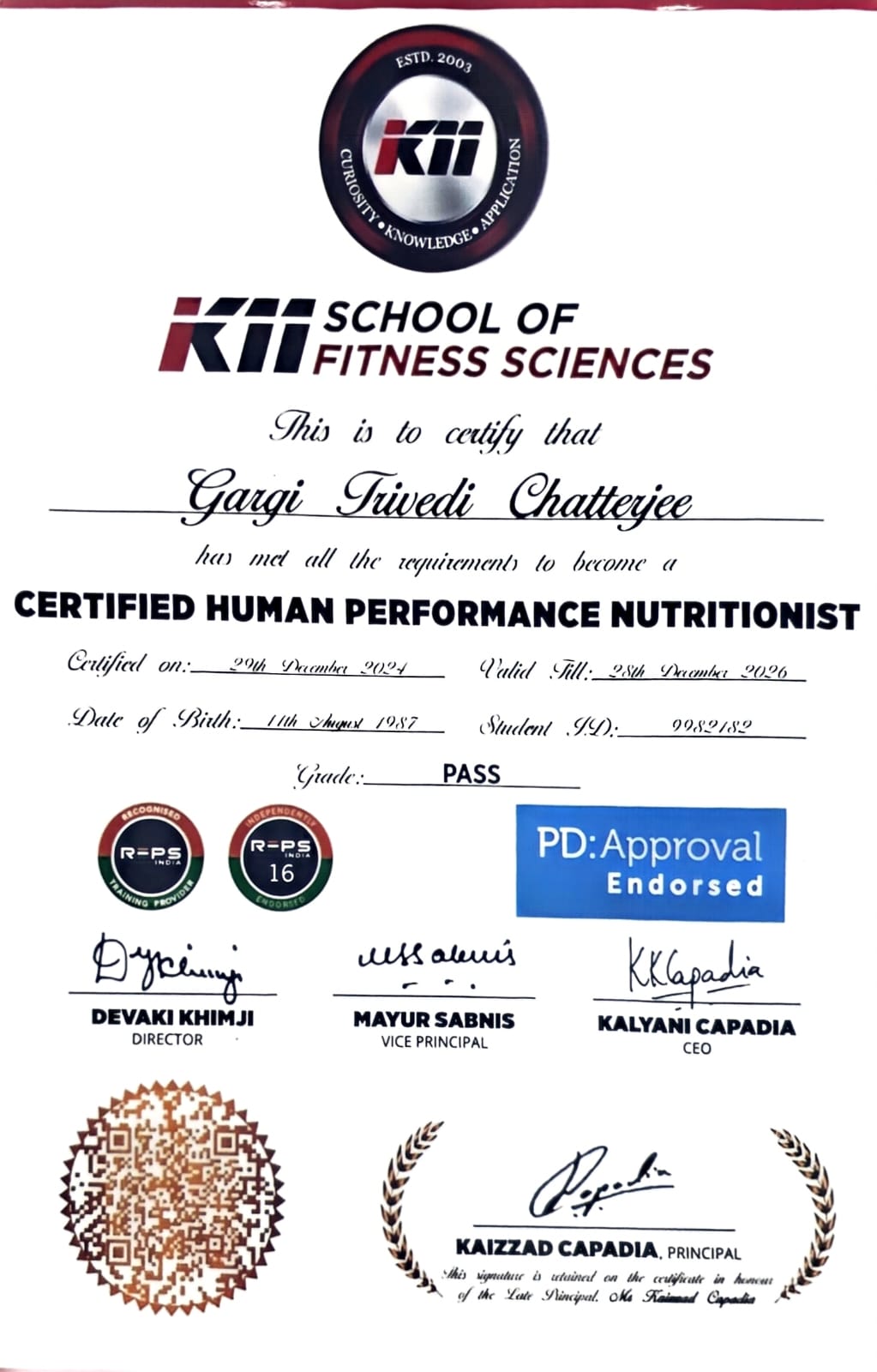 Certified Sports and Performance Nutrition Professional certificate awarded to Gargi Trivedi Chatterjee