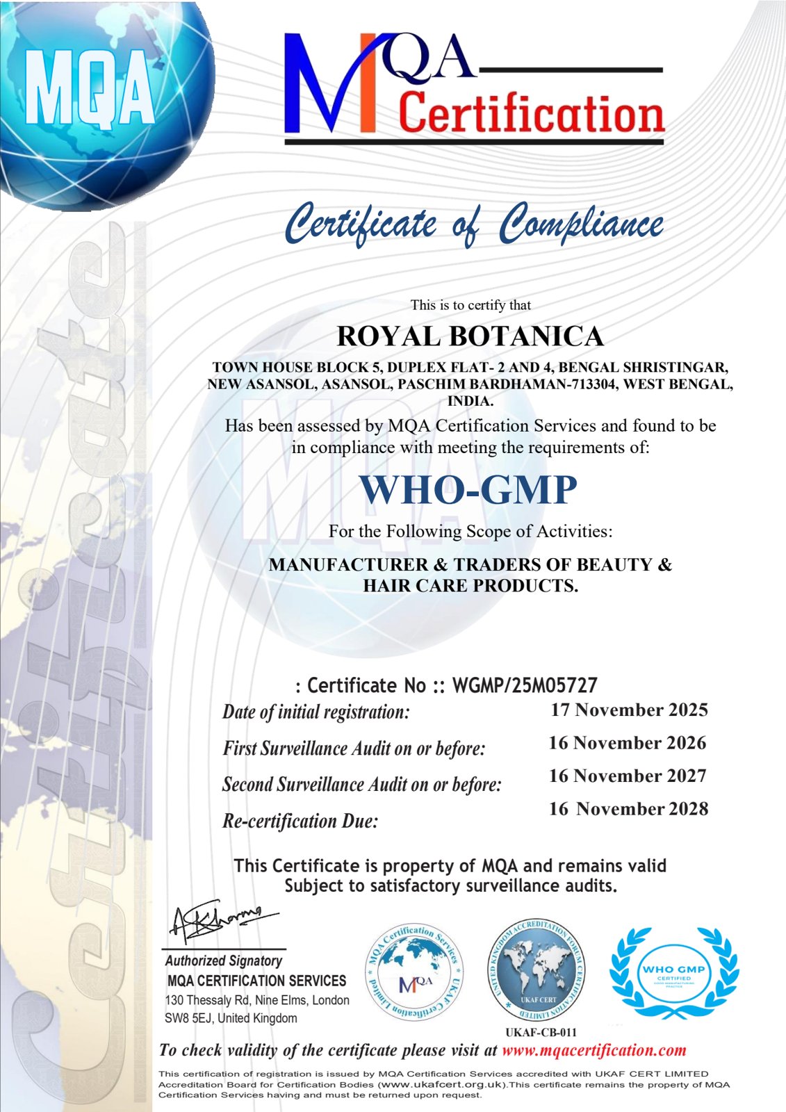 WHO-GMP certificate of compliance for Royal Botanica